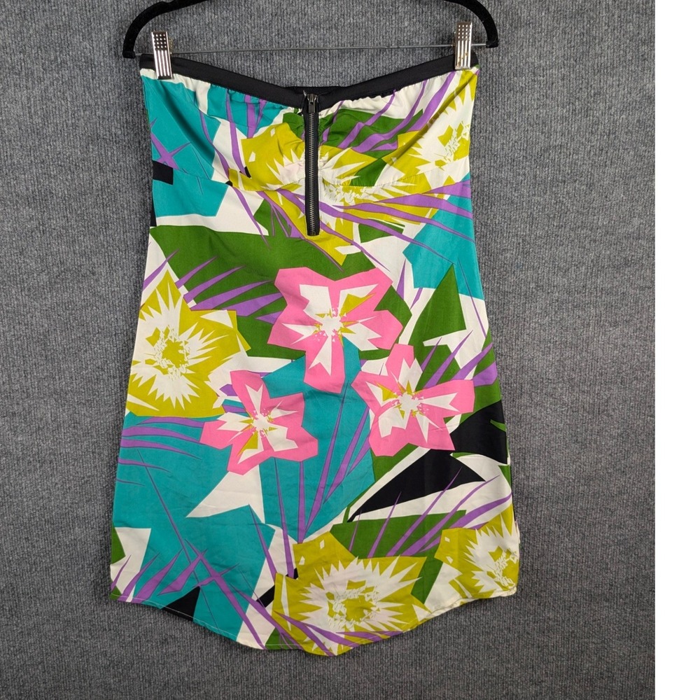 Roxy Womens Tropical Floral Strapless Mini Dress Front Zip Green Pink Large